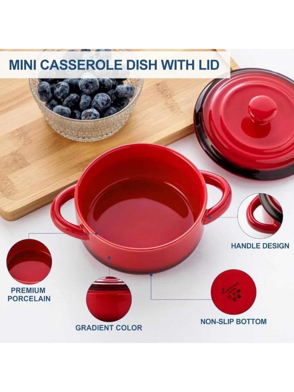 Mini Cocotte Set - 12oz Casserole Dishes with Lids, Individual Baking Ramekins